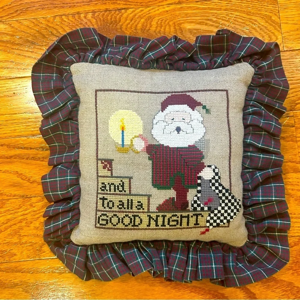 Handmade Crossstitch Christmas Ruffled Plaid Accent Pillow Holiday Santa Vintage